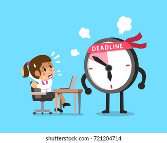 Vector cartoon deadline clock character and businesswoman