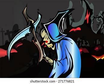 vector cartoon death walks through the cemetery