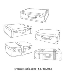 Vector cartoon decorative old retro suitcases. Hand drawn set of suitcases. Doodle illustration