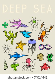 Vector cartoon deep sea fauna