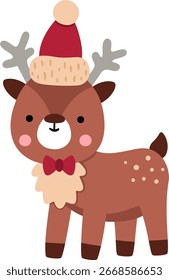 Veado de desenho animado vetorial em chapéu quente e laço clipart. Ilustração animal de símbolo de Natal bonito ou ano novo para crianças. Ícone de rena de férias de inverno isolado no fundo branco
