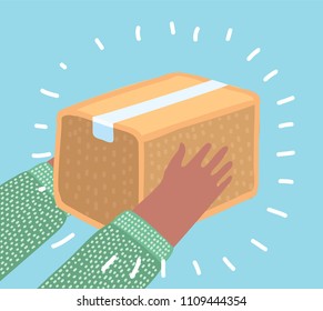 Vector cartoon Delivery concept. Human hands holding package box in blue isolated background. Delivery concept. Shipping item.