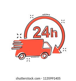 Vector cartoon delivery truck 24h icon in comic style. 24 hours fast delivery service shipping sign illustration pictogram. Car van business splash effect concept.