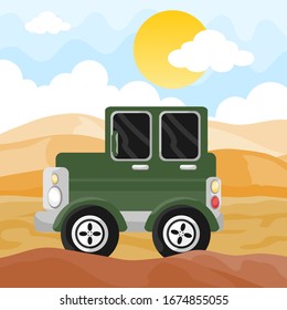 Vector Cartoon Desert Lanscape With Clouds Background And Green Car