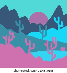 Vector cartoon desert with road, cactuses and rock mountains. Illustration on blue, pink and violet colors. Desert texas landscape. Composition.