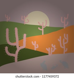Vector cartoon desert with road, cactuses and rock mountains. Desert texas landscape. Composition. Illustration on gray, green and neutral colors.