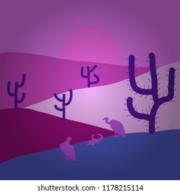 Vector cartoon desert with road, cactuses and rock mountains. Composition. Illustration on pink, blue and violet colors. Desert texas landscape.