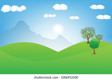 Vector cartoon design of a beautiful green Landscape with trees and mountains summer landscape Valley in Summer day.Scenery with sunlight on cloudy sky Illustration.