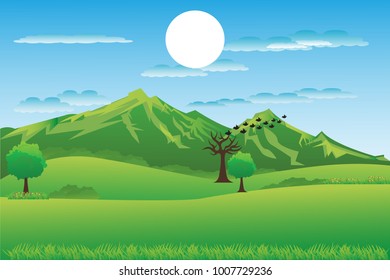 Vector cartoon design of a beautiful green Landscape with trees and mountains summer landscape Valley in Summer day.Scenery with sunlight on cloudy sky Illustration.