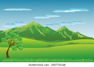 Vector cartoon design of a beautiful green Landscape with trees and mountains summer landscape Valley in Summer day.Scenery with sunlight on cloudy sky Illustration.