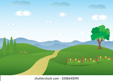 Vector cartoon design of a beautiful green Landscape with trees and mountains summer landscape Valley in Summer day.Scenery with sunlight on cloudy sky Illustration.