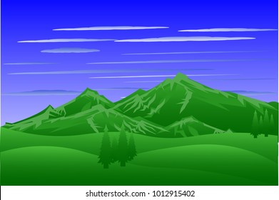 Vector cartoon design of a beautiful green Landscape with trees and mountains summer landscape Valley in Summer day.Scenery with sunlight on cloudy sky Illustration.
