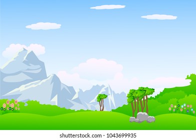 Vector cartoon design of a beautiful green Landscape with trees and mountains summer landscape Valley in Summer day.Scenery with sunlight on cloudy sky Illustration.