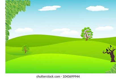 Vector cartoon design of a beautiful green Landscape with trees and mountains summer landscape Valley in Summer day.Scenery with sunlight on cloudy sky Illustration.