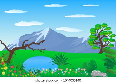 Vector cartoon design of a beautiful green Landscape with trees and mountains summer landscape Valley in Summer day.Scenery with sunlight on cloudy sky Illustration.