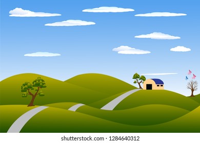 Vector cartoon design of a beautiful green Landscape with trees and mountains summer landscape Valley in Summer day.Scenery with sunlight on cloudy sky Illustration