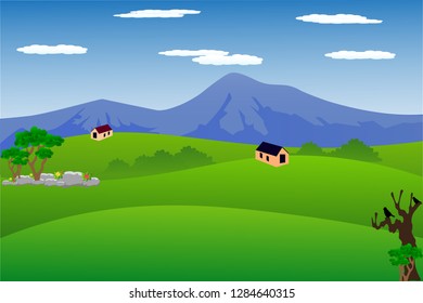 Vector cartoon design of a beautiful green Landscape with trees and mountains summer landscape Valley in Summer day.Scenery with sunlight on cloudy sky Illustration