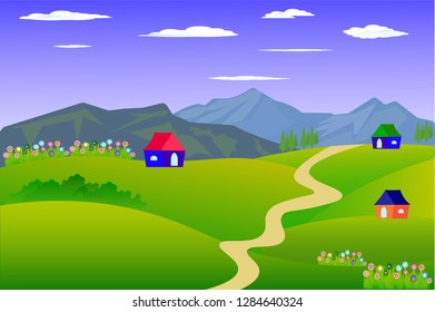 Vector cartoon design of a beautiful green Landscape with trees and mountains summer landscape Valley in Summer day.Scenery with sunlight on cloudy sky Illustration