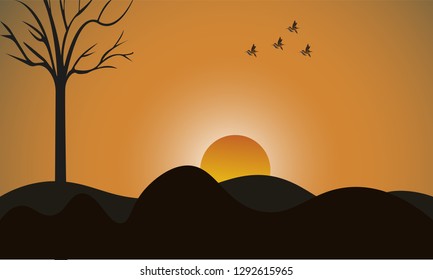 Vector cartoon design of a beautiful green Landscape with trees and mountains summer landscape Valley in Summer day.Scenery with sunlight on cloudy sky Illustration