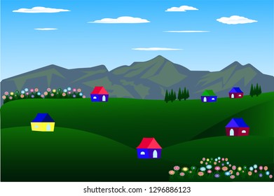 Vector cartoon design of a beautiful green Landscape with trees and mountains summer landscape Valley in Summer day.Scenery with sunlight on cloudy sky Illustration