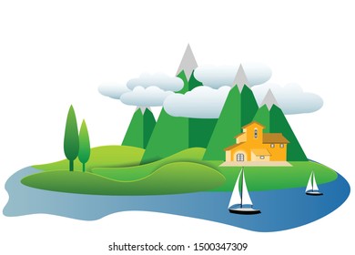 Vector cartoon design of a beautiful green Landscape with trees and mountains summer landscape Valley in Summer day.Scenery with sunlight on cloudy sky Illustration