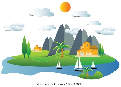 Vector cartoon design of a beautiful green Landscape with trees and mountains summer landscape Valley in Summer day.Scenery with sunlight on cloudy sky Illustration