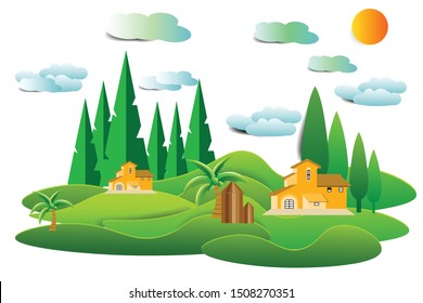 Vector cartoon design of a beautiful green Landscape with trees and mountains summer landscape Valley in Summer day.Scenery with sunlight on cloudy sky Illustration