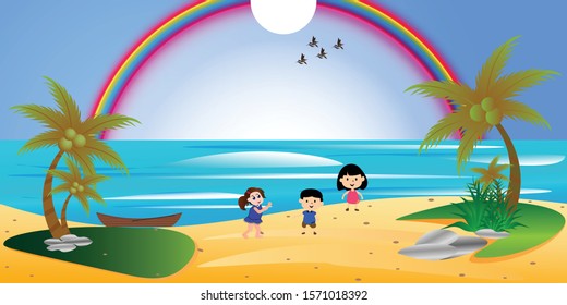 Vector cartoon design of a beautiful green Landscape with trees and mountains summer landscape Valley in Summer day.Scenery with sunlight on cloudy sky Illustration