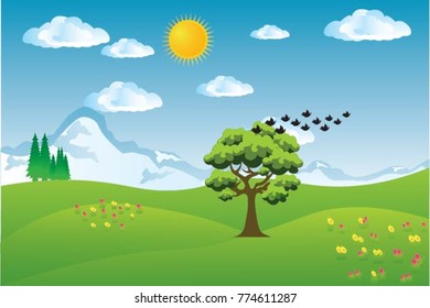 Vector cartoon design of a beautiful green Landscape with trees and mountains summer landscape Valley  in Summer day.Scenery with sunlight on cloudy sky  Illustration.