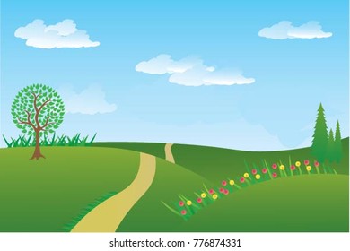 Vector cartoon design of a beautiful green Landscape with trees and mountains summer landscape Valley  in Summer day.Scenery with sunlight on cloudy sky  Illustration.
