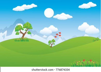 Vector cartoon design of a beautiful green Landscape with trees and mountains summer landscape Valley  in Summer day.Scenery with sunlight on cloudy sky  Illustration.