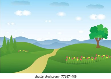 Vector cartoon design of a beautiful green Landscape with trees and mountains summer landscape Valley  in Summer day.Scenery with sunlight on cloudy sky  Illustration.

