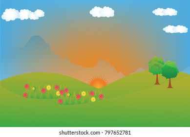 Vector cartoon design of a beautiful green Landscape with trees and mountains summer landscape Valley in Summer day.Scenery with sunlight on cloudy sky Illustration.