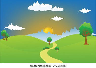 Vector cartoon design of a beautiful green Landscape with trees and mountains summer landscape Valley in Summer day.Scenery with sunlight on cloudy sky Illustration.