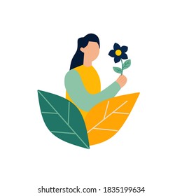Dibujo vectorial de una mujer con una flor en la mano. Icono para guardar el mundo