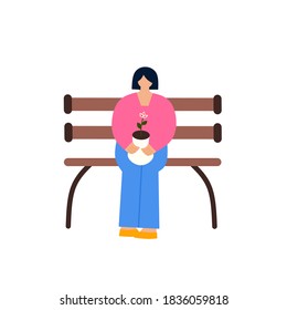 Diseño de caricaturas vectoriales ilustración plana de una mujer sentada en una silla de parque sosteniendo una flor en una olla