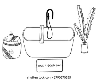 conjunto de diseño de dibujos animados vectoriales de baño con bañera, planta interior, alfombra y barril