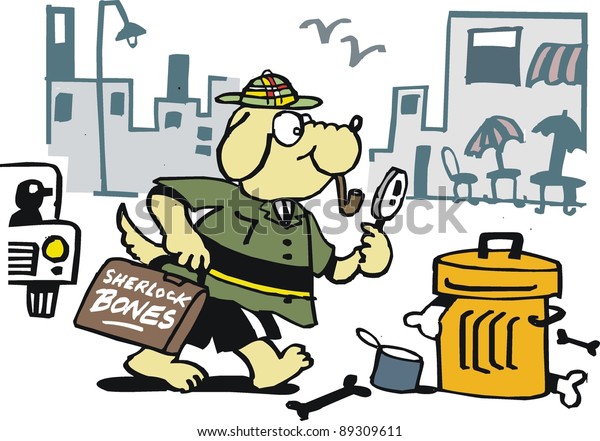 Vector\
cartoon of detective dog searching for\
bones.