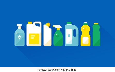 vector cartoon detergent bottles or containers, cleaning supplies / sign and icon template / blue background