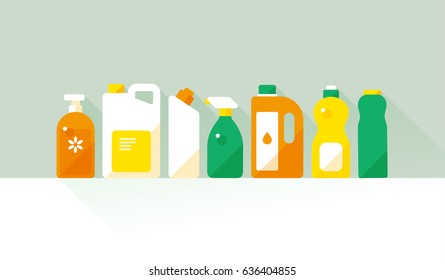 vector cartoon detergent bottles or containers, cleaning supplies / sign and icon template / white background