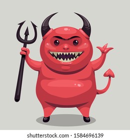 Vector cartoon devil. Illustration of red happy chubby monster with horns and pitchfork