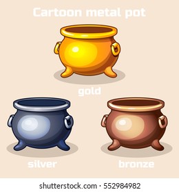 Vector Cartoon different metal pot. Golden, silver and bronze. Resource gaming element