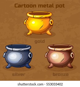 Vector Cartoon different old metal pot. Golden, silver and bronze. Resource gaming element