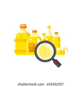 Vector Cartoon Different Sorts Of Cooking Oil / Plastic Bottles And Magnifier / Examination Of Oil Quality, Oil Analysis / Yellow And Brown On White