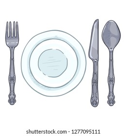 Vector Cartoon Dining Set - Vintage Silver Fork, Knife, Spoon and Porcelain Plates.