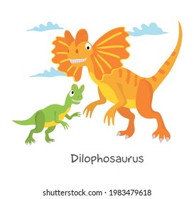 Dinosaurio de dibujos animados con bebé aislado de fondo blanco. Dilofosauro.