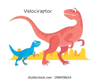 Vector cartoon dinosaur with baby isolated on white background. Velociraptor.