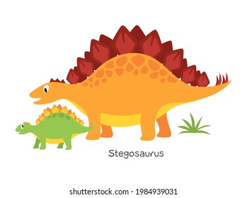 Vector cartoon dinosaur with baby isolated on white background. Stegosaurus.