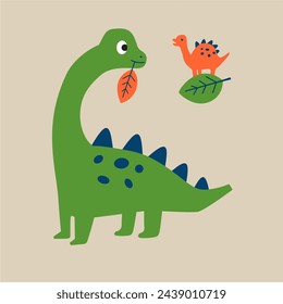 Vector cartoon of dinosaur feeding it son.