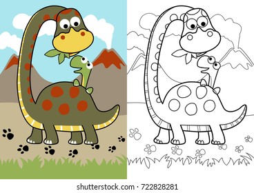 Vector cartoon of dinosaur feeding it son on volcanoes background, coloring page or book